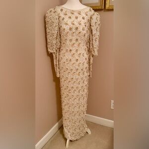 Oleg Cassini Cream Sequin Long Sleeve Dress